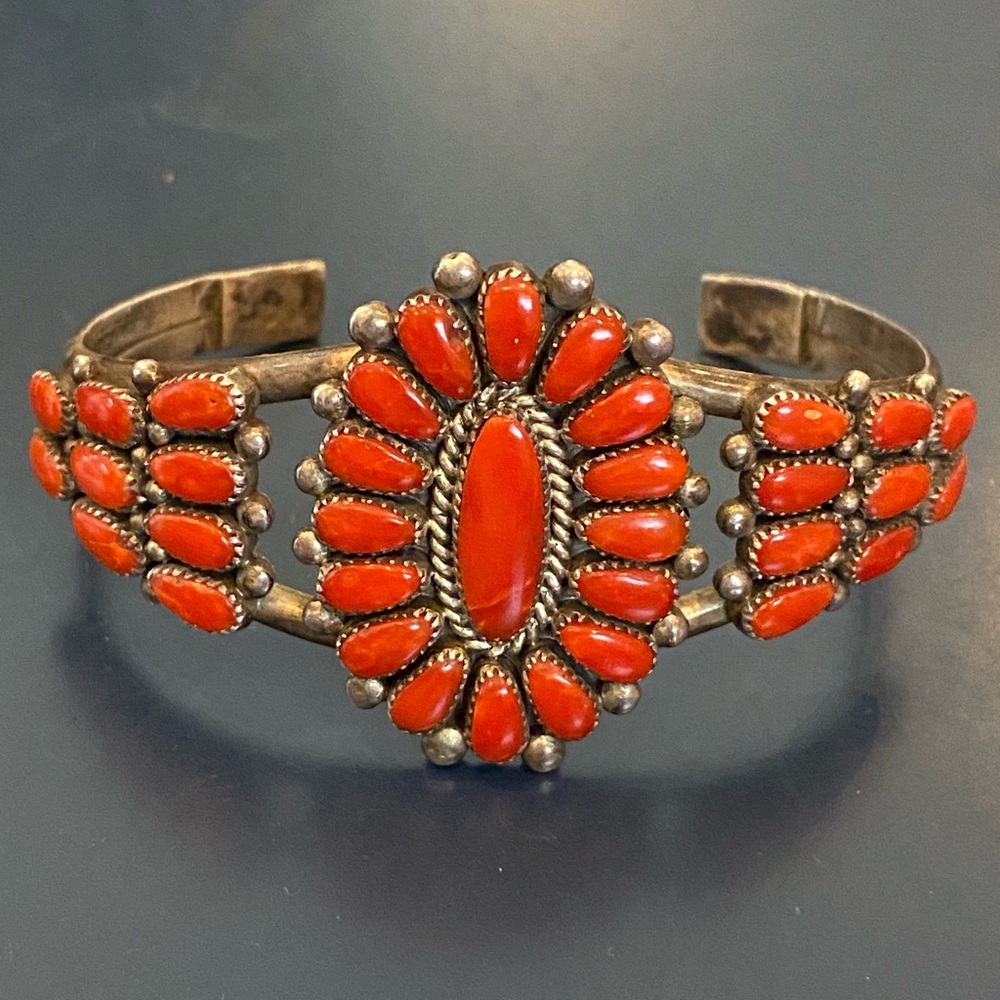 Vintage Native American sterling silver coral cuff by Alice Quam